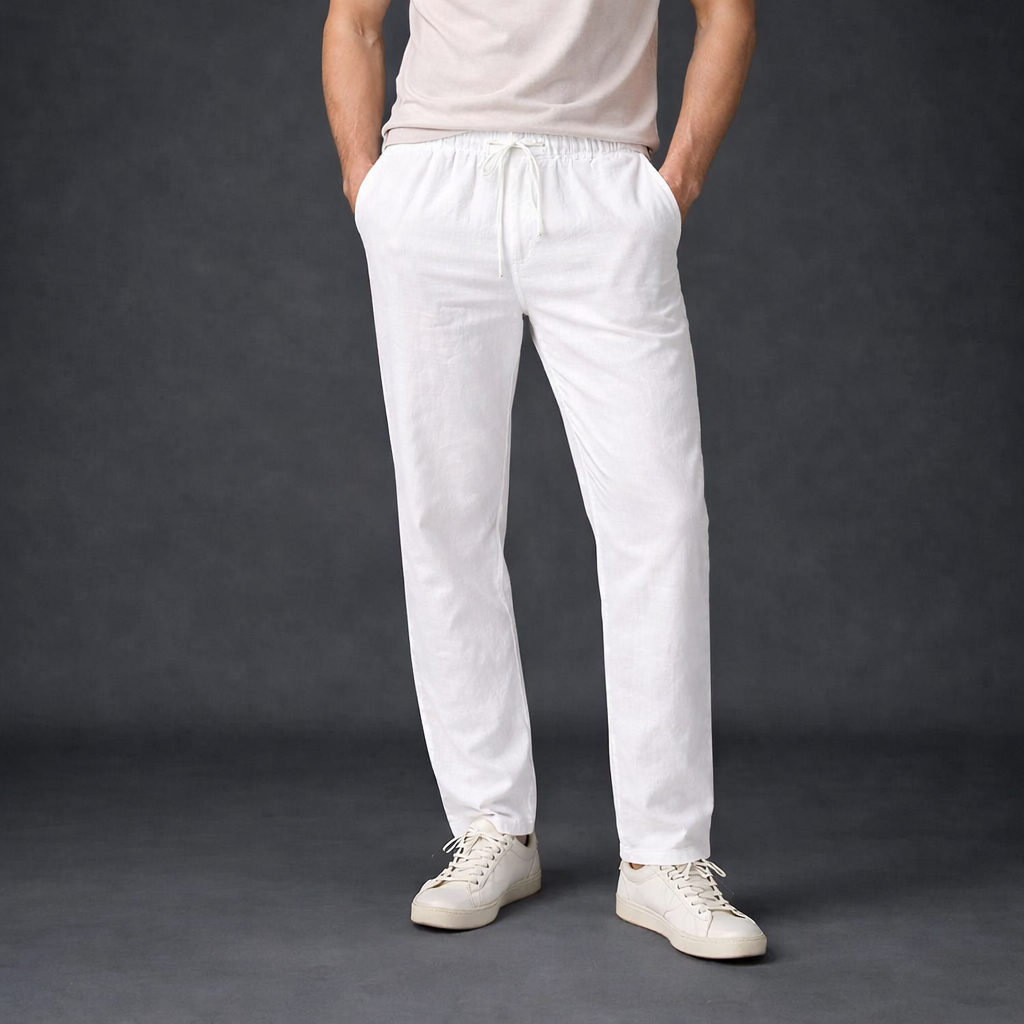 Calça Masculina Branco Casual em Algodão e Linho