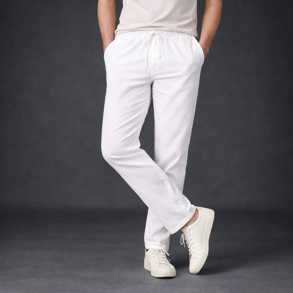 Calça Masculina Branco Casual em Algodão e Linho