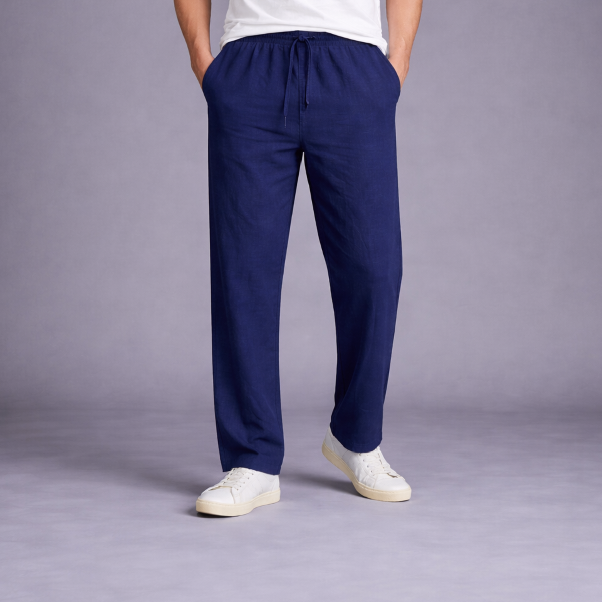 Calça Masculina Azul-Marinho Casual em Algodão e Linho – Leve