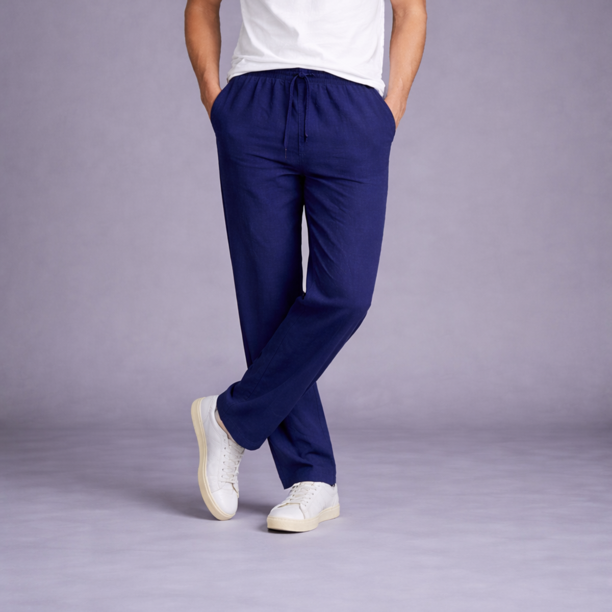 Calça Masculina Azul-Marinho Casual em Algodão e Linho – Leve