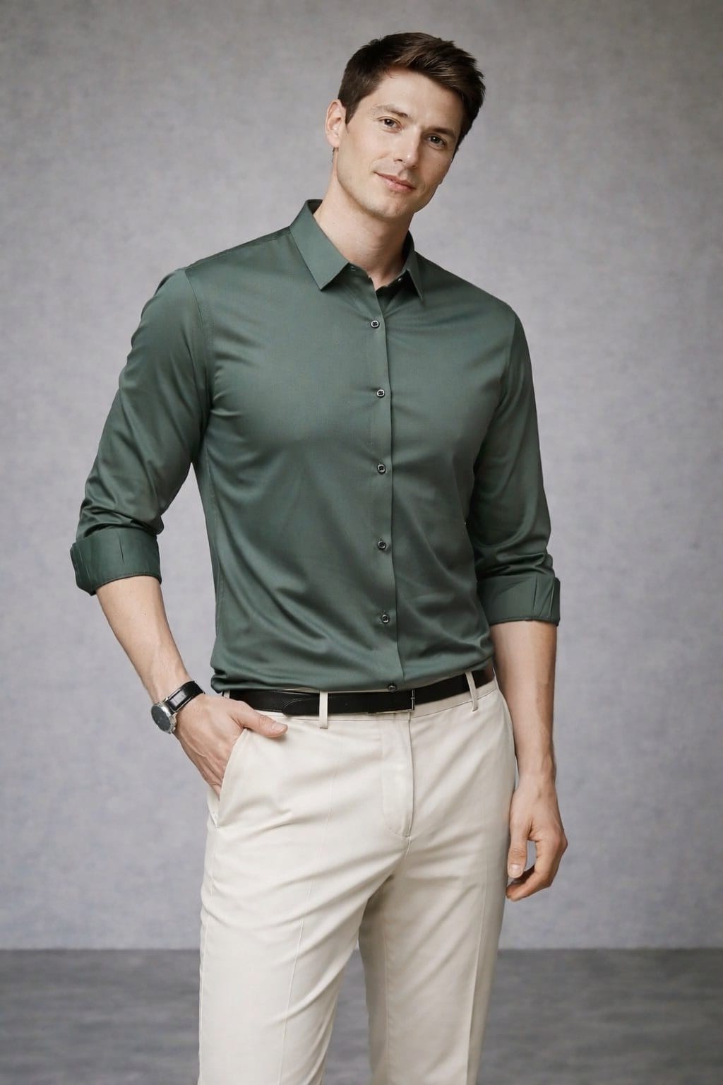 Camisa Verde Masculina Social em Tecido Stretch