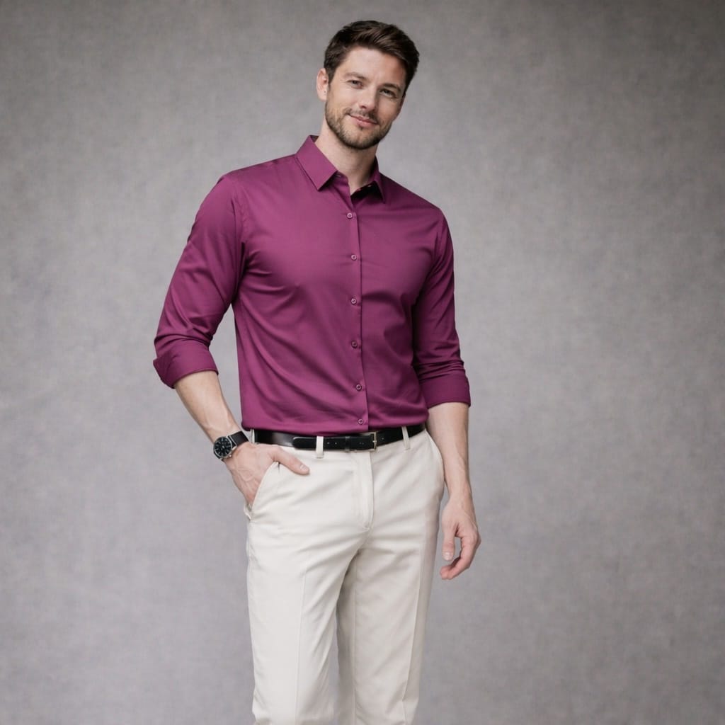 Camisa Magenta Masculina Social em Tecido Stretch