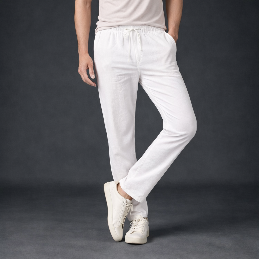 Calça Masculina Branco Casual em Algodão e Linho