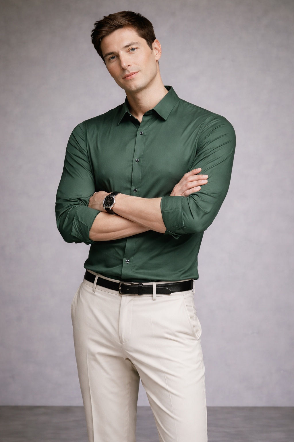 Camisa Verde Masculina Social em Tecido Stretch