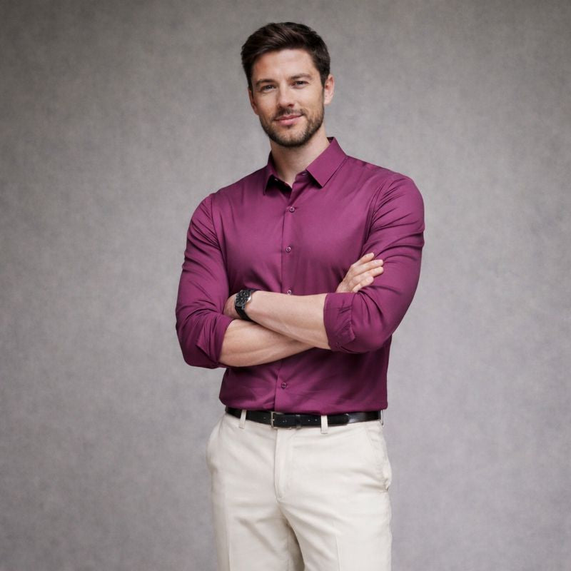 Camisa Magenta Masculina Social em Tecido Stretch