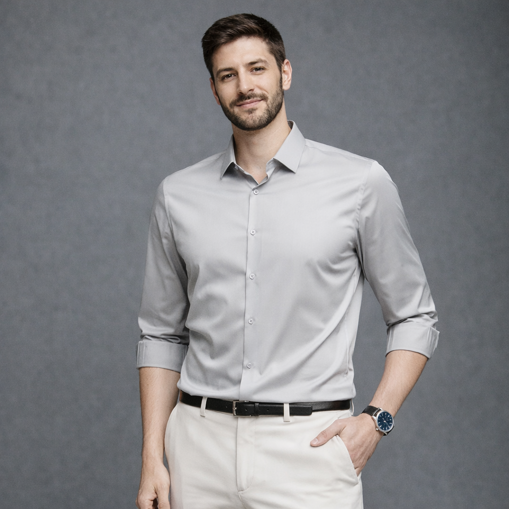 Camisa Branco Acizentado Masculina Social em Tecido Stretch