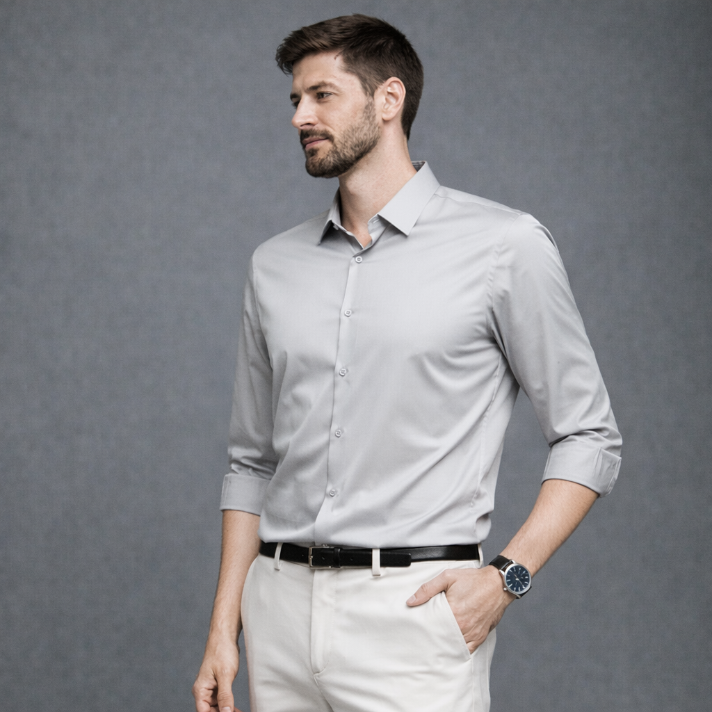 Camisa Branco Acizentado Masculina Social em Tecido Stretch