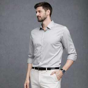 Camisa Branco Acizentado Masculina Social em Tecido Stretch