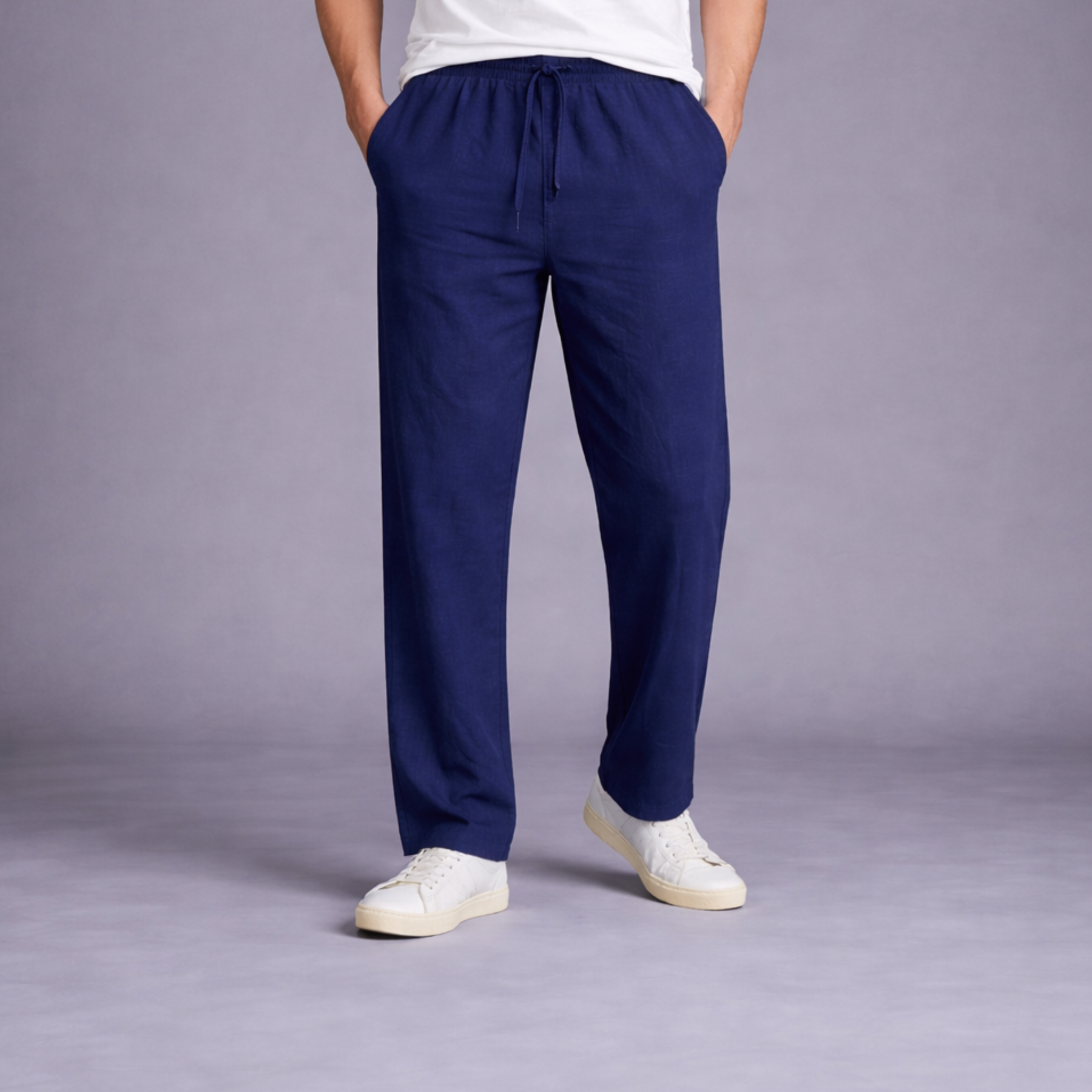 Calça Masculina Azul-Marinho Casual em Algodão e Linho – Leve