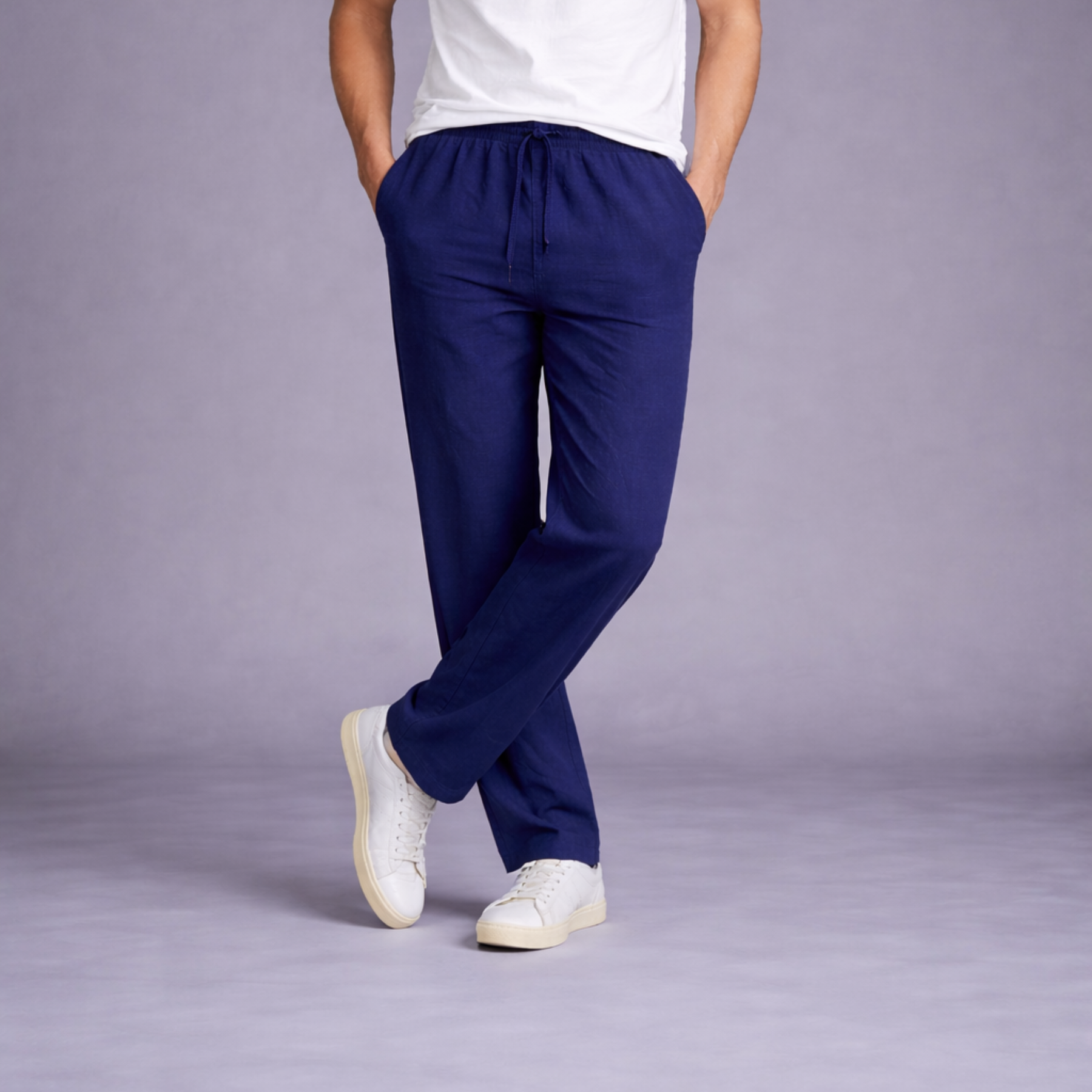 Calça Masculina Azul-Marinho Casual em Algodão e Linho – Leve