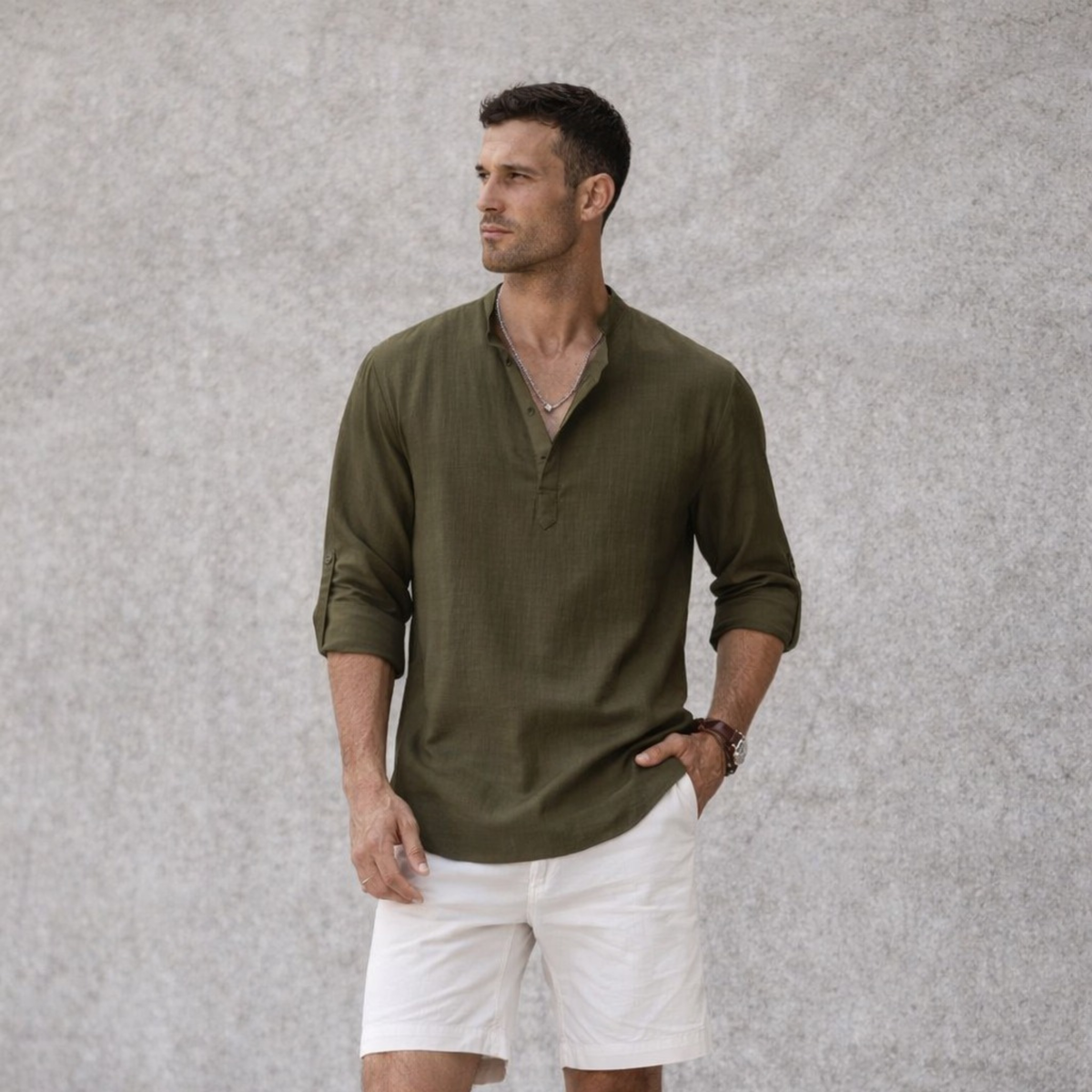 Camisa Henley Masculina em Algodão e Linho