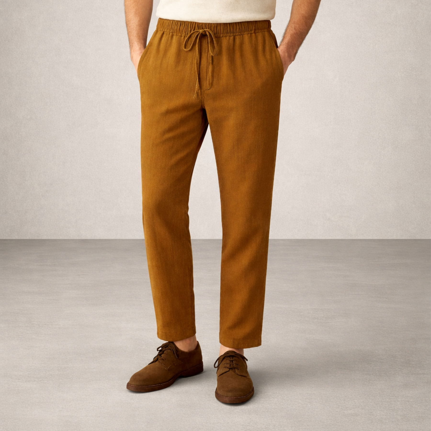 Calça Masculina Café Casual em Algodão e Linho