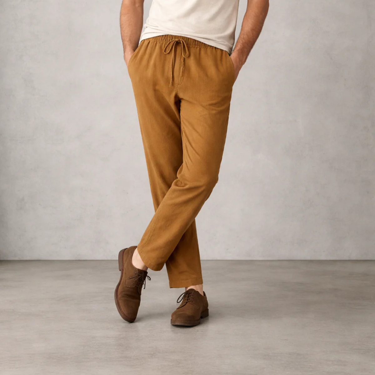 Calça Masculina Café Casual em Algodão e Linho