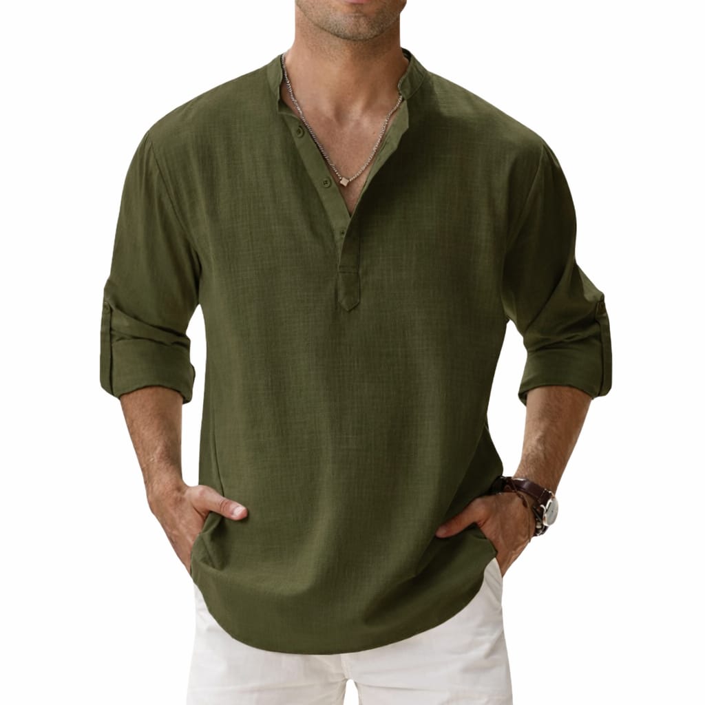 Camisa Henley Masculina em Algodão e Linho